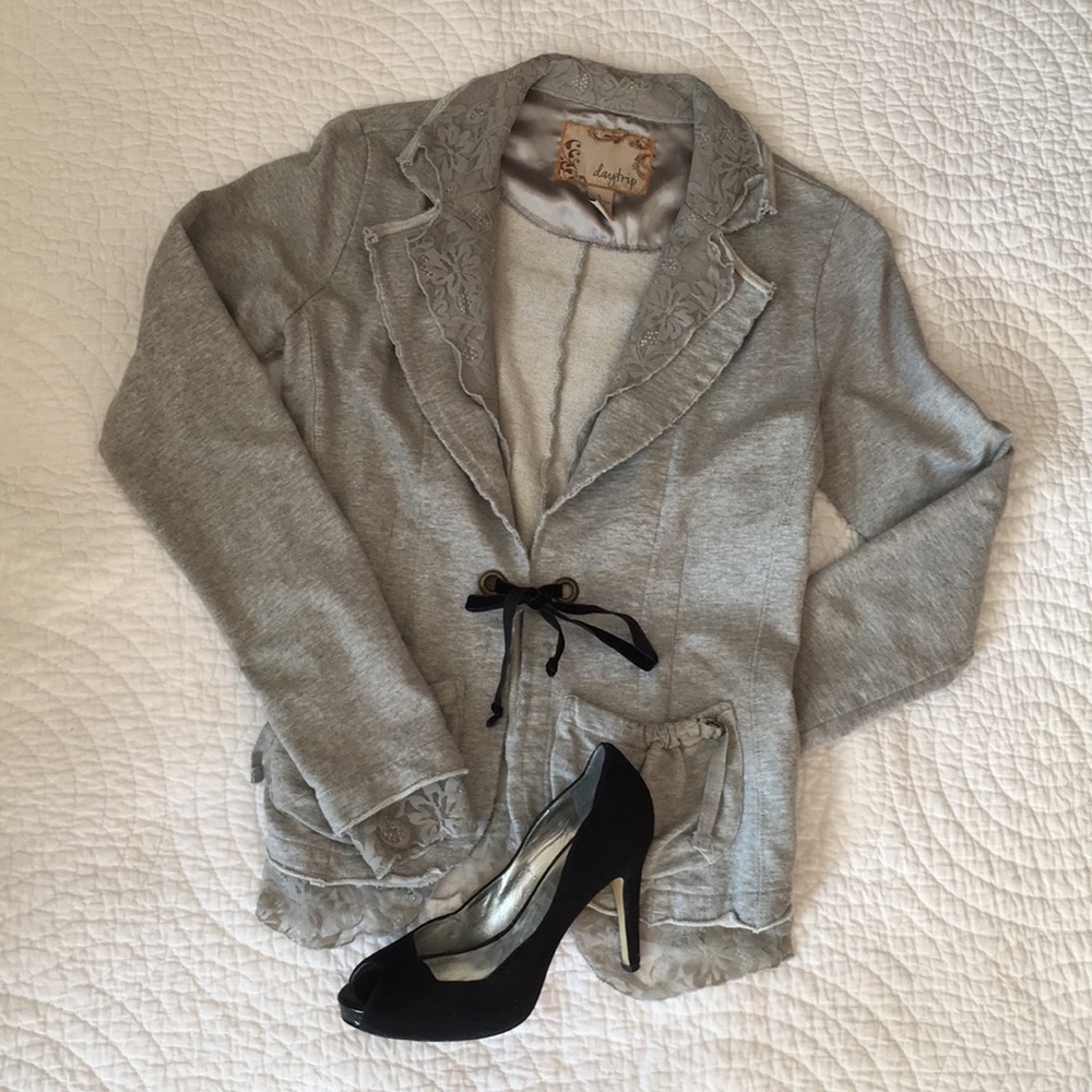 Heather gray soft blazer with lace trim